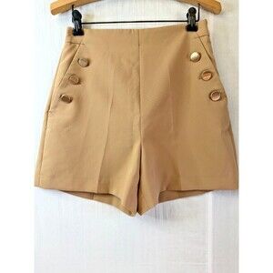 ZARA Camel High Waist Sailor Shorts Gold Button Made In Spain Women's XS US 2